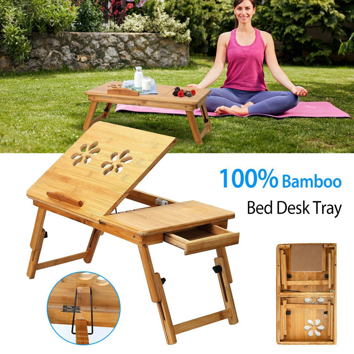Bamboo Laptop Desk Breakfast Serving Bed Tray Foldable Leg Multi-Position Adjustable Tilt Surface Bed Lap Tray with Side Storage Drawer for Work Study