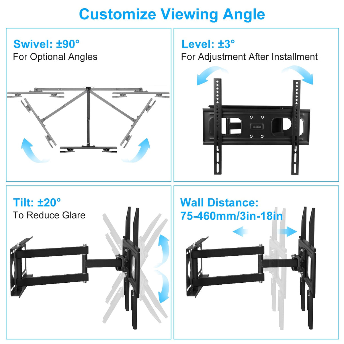 TV Wall Mount Swivel Tilt Full-Motion Articulating Wall Rack For 32in-55in TVs 99lbs Max Bearing Support VESA Up To 400x400mm