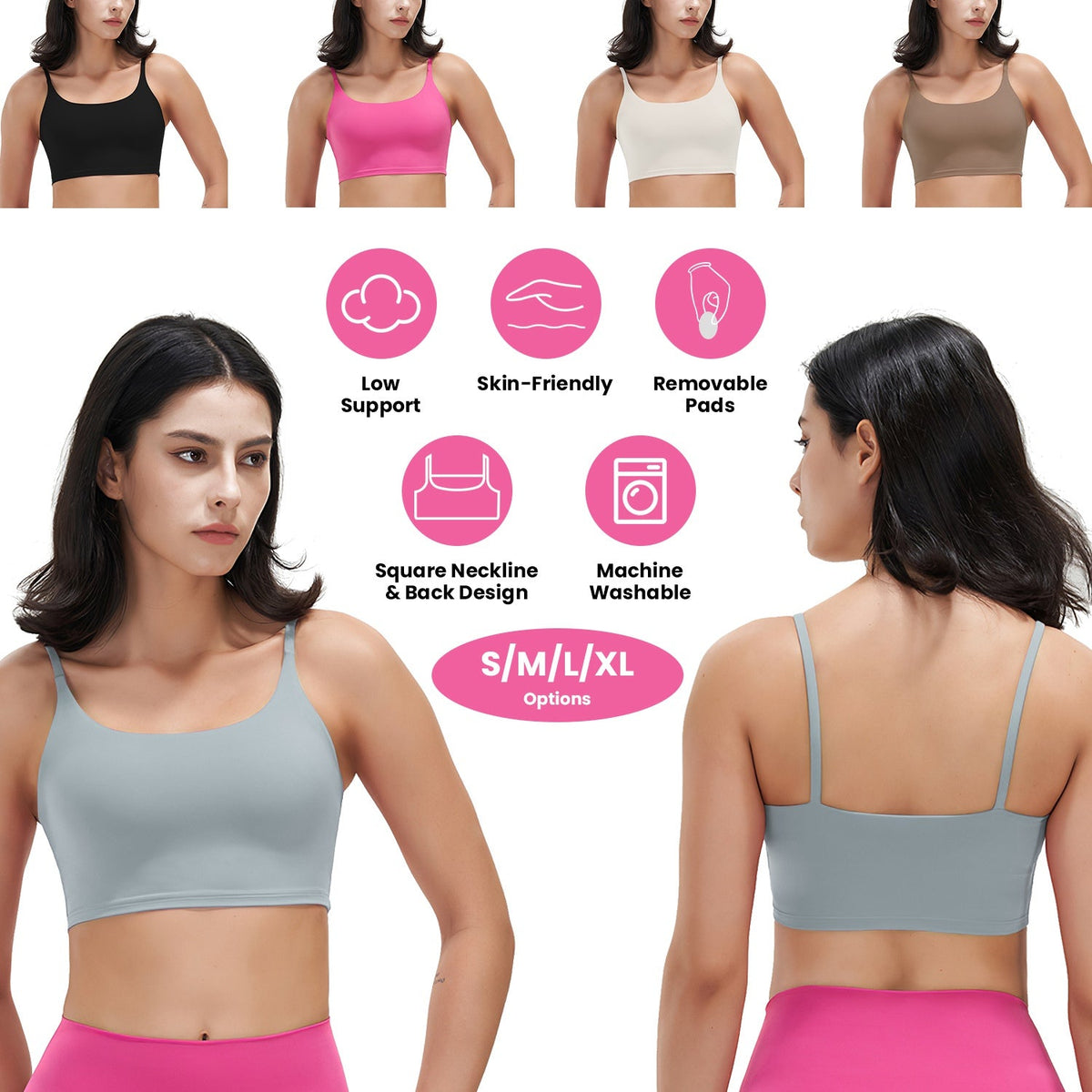 Women Strap Sport Bras Padded StrappyÊCrop Square Neck Low Impact Bras SexyÊFitnessÊTank Tops with Removable Pads Flat Straps for Gym Yoga Workout Run