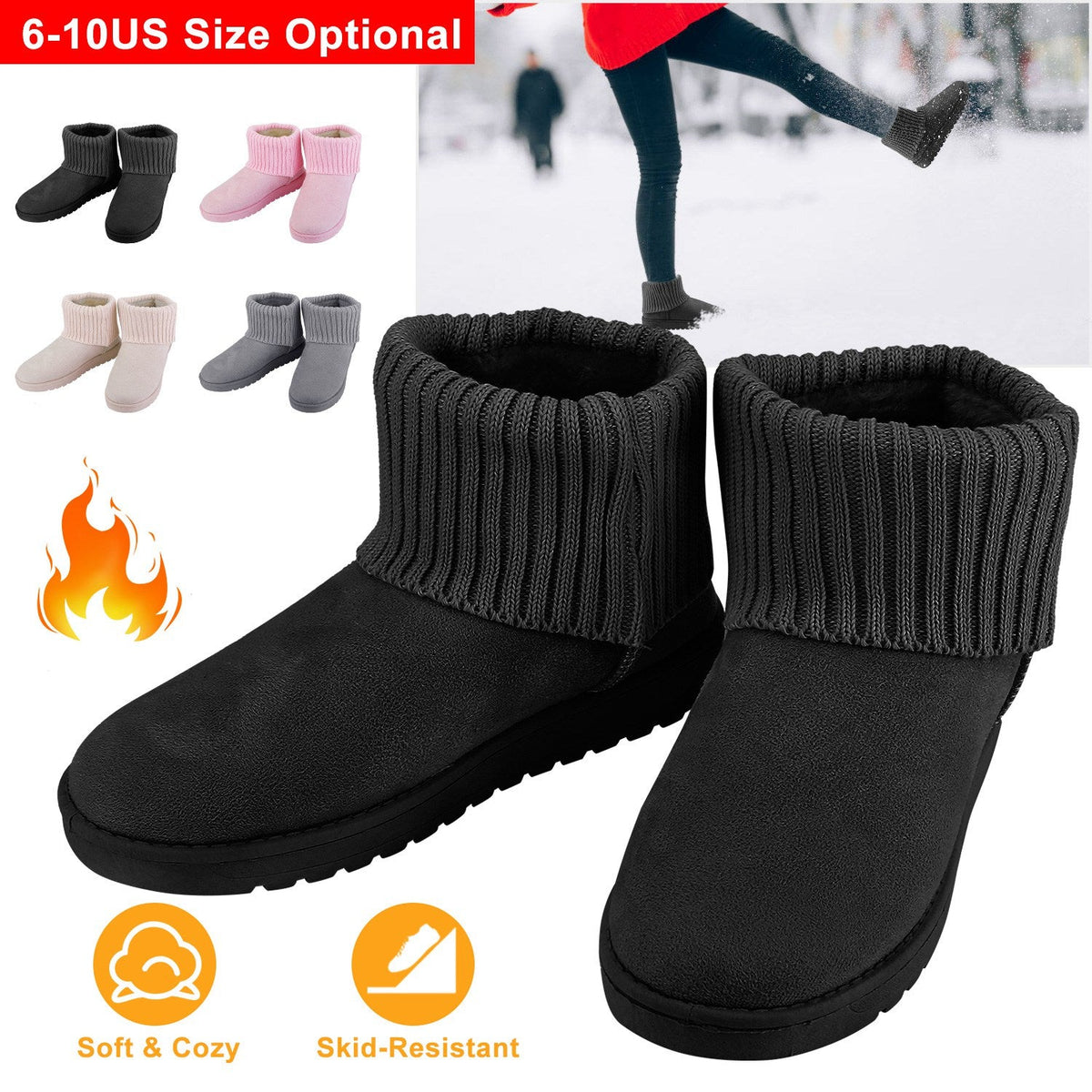 Women Lady Snow Boots Suede Mid-Calf Boot Shoe Short Plush Warm Lining Shoes w/ Anti-slip Rubber Base Knitting Design