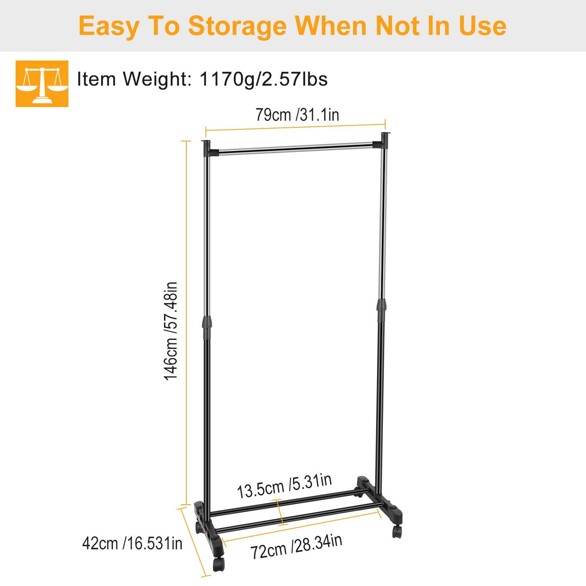 15kg/33lbs Garment Racks 3.12ft-4.80ft Height Adjustable Clothes Stand Foldable Clothes Hanger w/ Wheels Storage Shelf For Dormitory Home