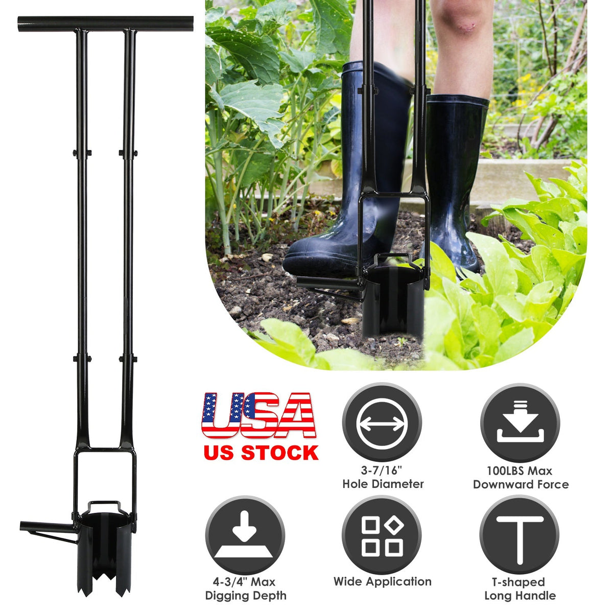 5 In 1 Bulb Planter Tool Long Handle Gardening Bulb Transplanter with Gloves Brush Serrated Base Dual Pedal Digging Holes to Plant Tulips Iris Daffodi