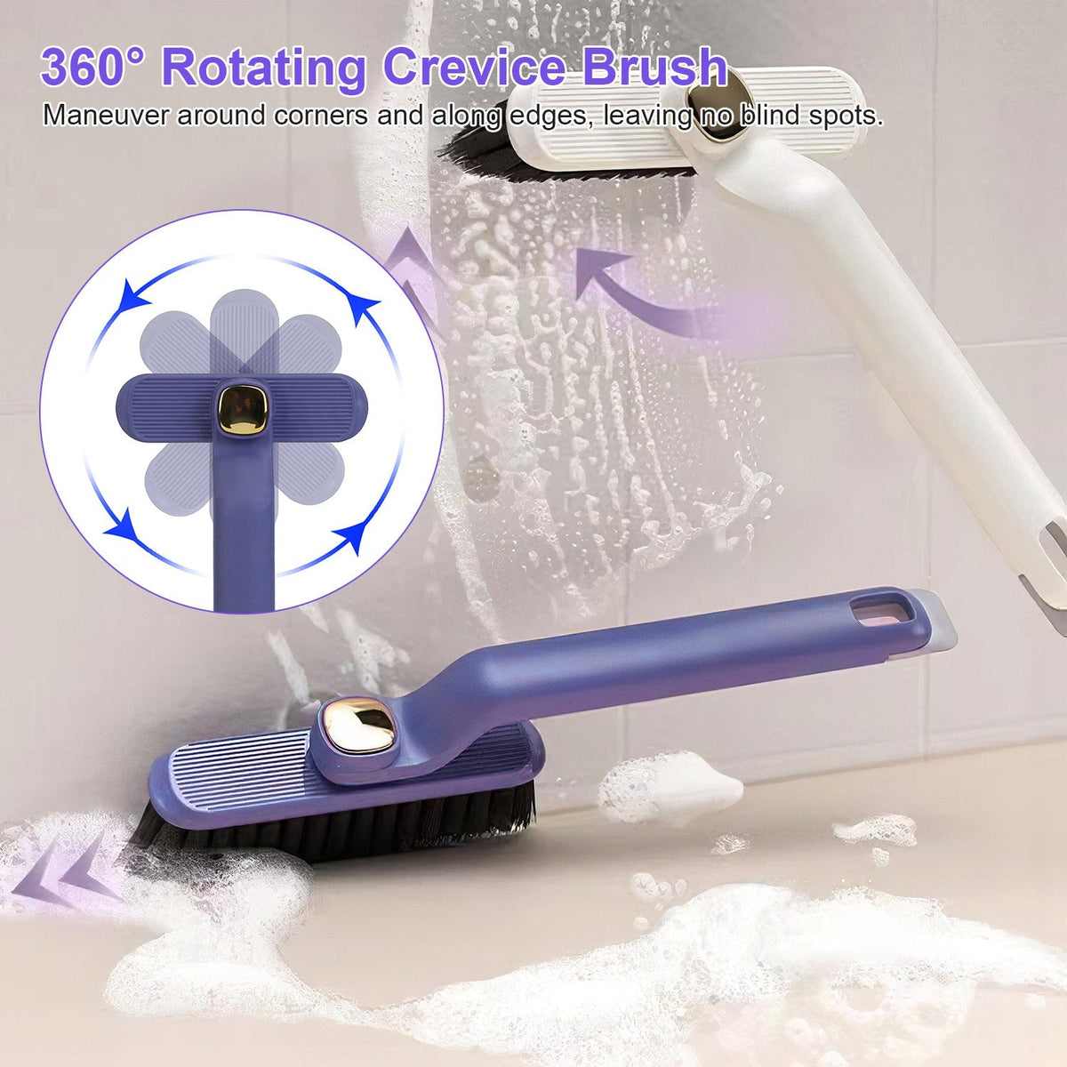 2 Pack Multi-Function Rotating Crevice Cleaning Brush Stiff Bristle Brush Gap Cleaner with 2-In-1 Clip and Spade for Tight Spaces Bathroom Kitchen