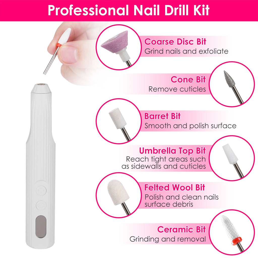 Portable Cordless Electric Nail Drill Kit Charging Base With UV Nail Dryer 6Pcs Nail Drill Bits 5Speeds Direction Control Timer Setting For Acrylic Ge