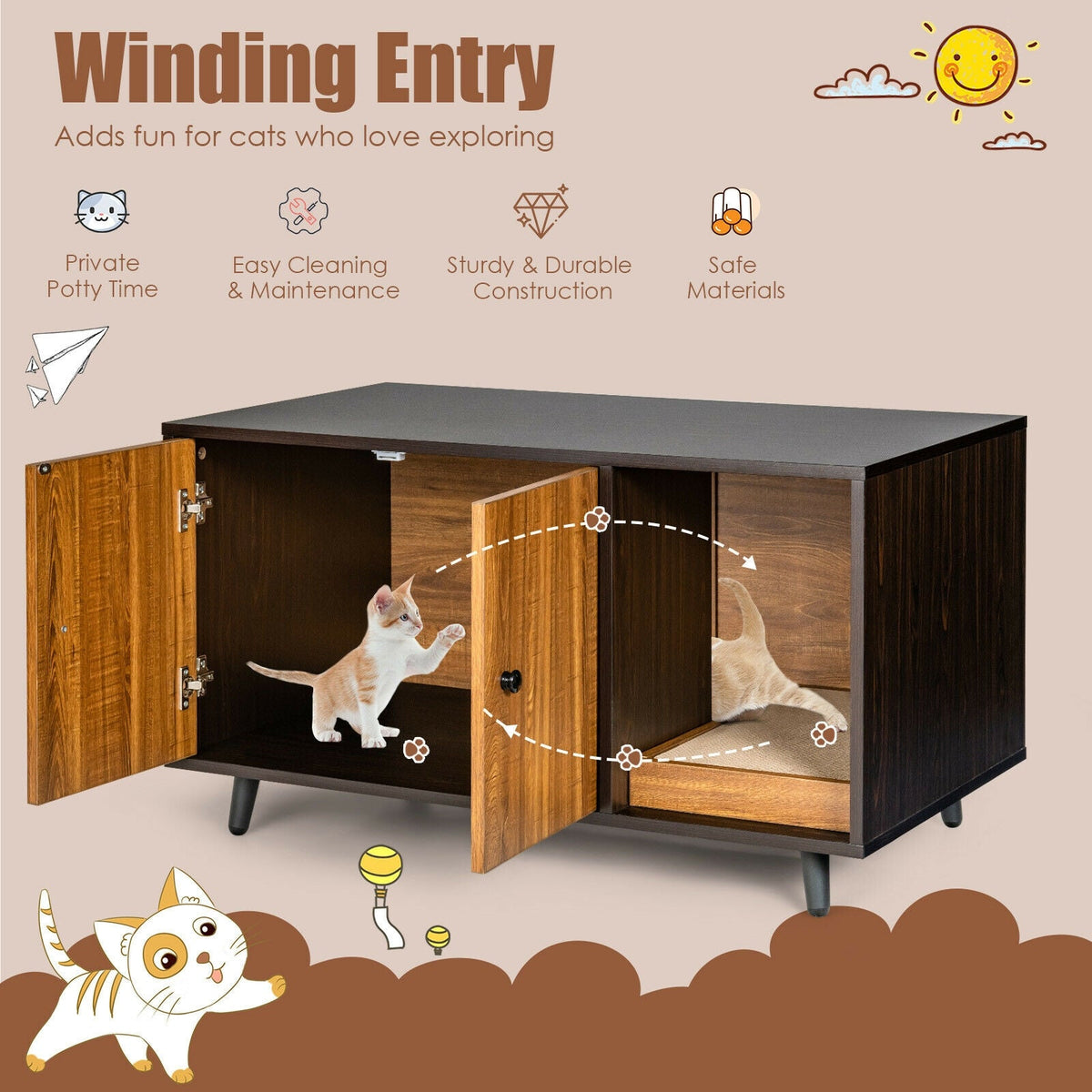 Cat Litter Box Enclosure with Divider and Double Doors-Coffee