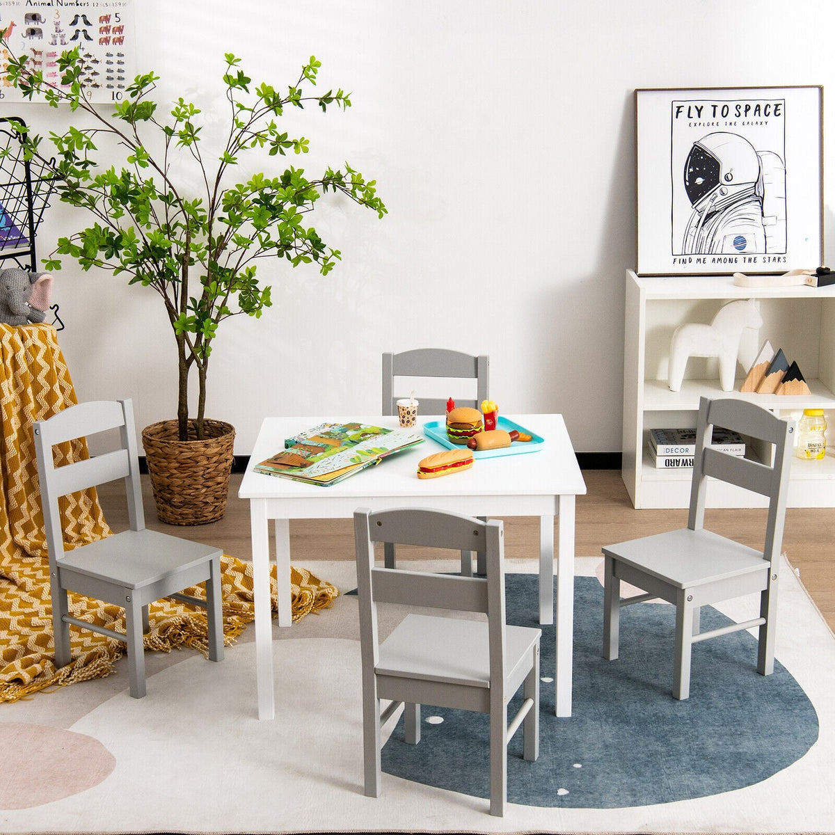 Kids 5 Pieces Table and Chair Set Wooden Children Activity Playroom Furniture Gift-White