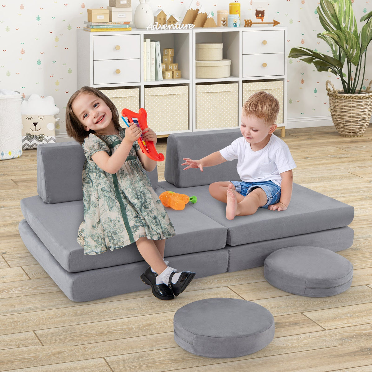 6 Pieces Modular Kids Play Couch Set with Washable Covers for Living Room Playroom-Gray