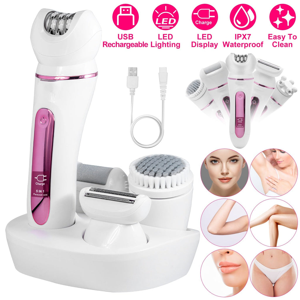 5 In 1 Electric Body Epilator Rechargeable Women\'s Grooming Kit Epilator Shaver Facial Brush Callus Remover 5-Point Massager with LED Light LED Displ