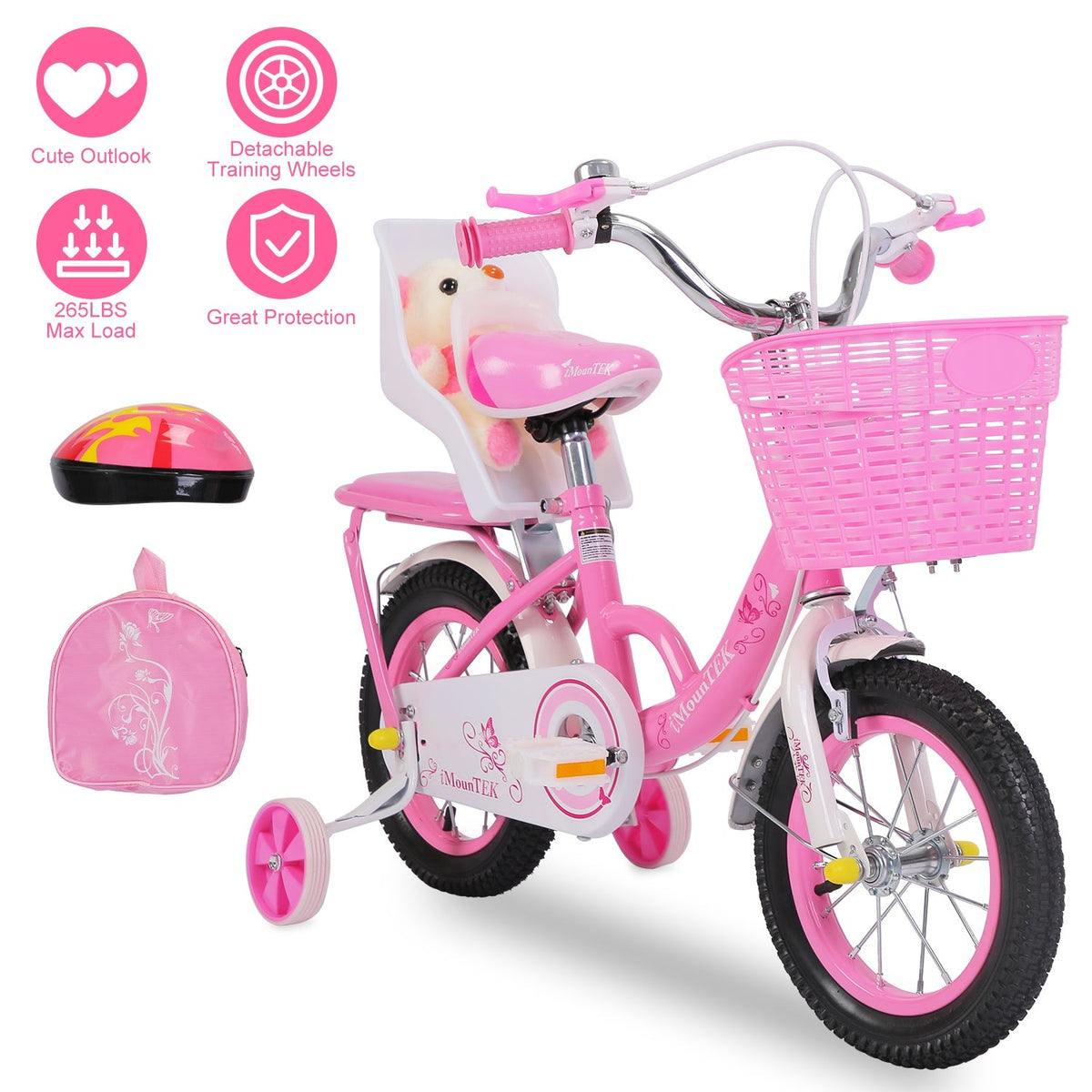16in Carbon Steel Kid Bike with Backpack Streamers Helmet Detachable Training Wheels