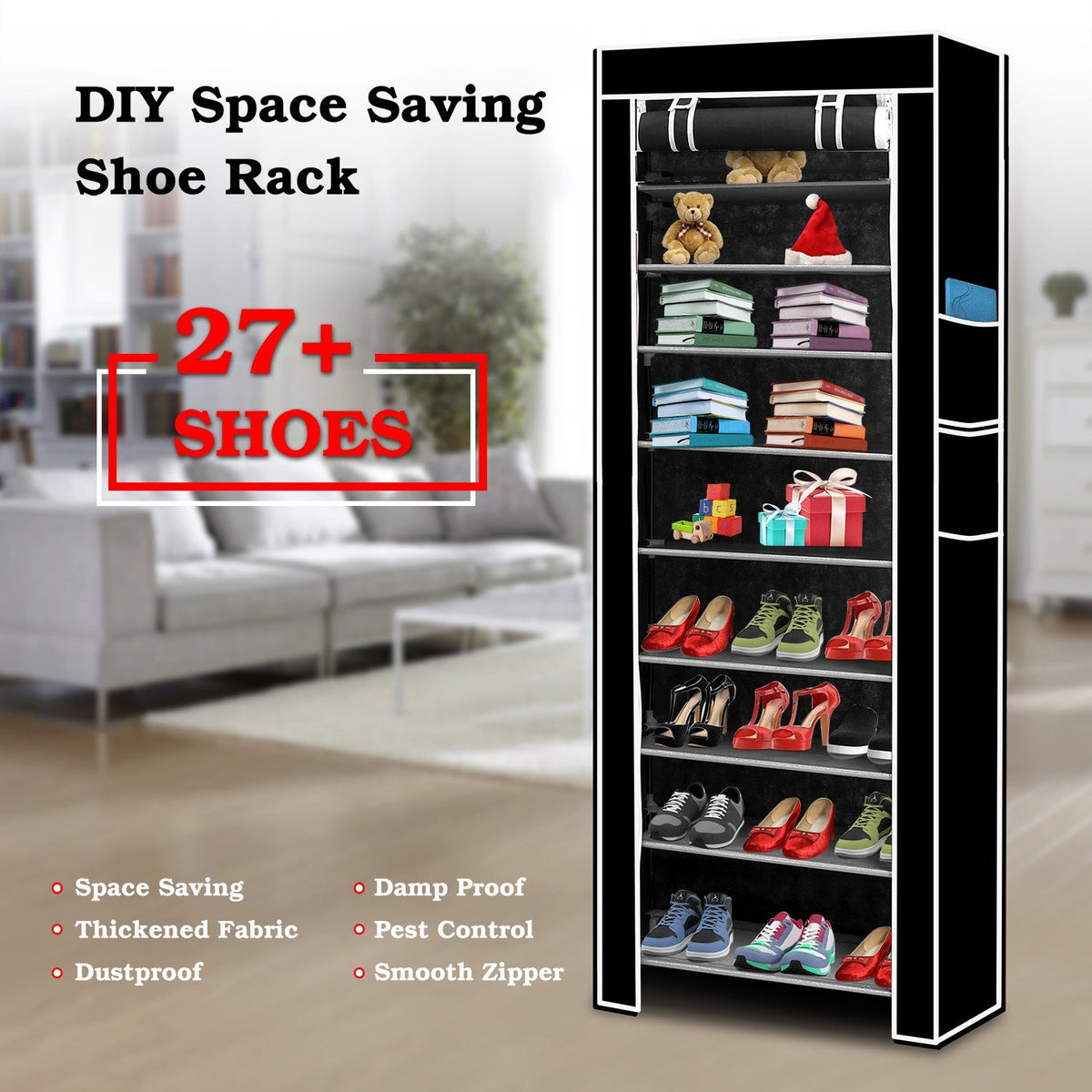 iMounTEK 10 Tiers DIY Shoe Cabinet Dustproof Easy Assemble Tidy Shoe Rack Non-Woven Fabric Holding 27 Pair Shoes Black