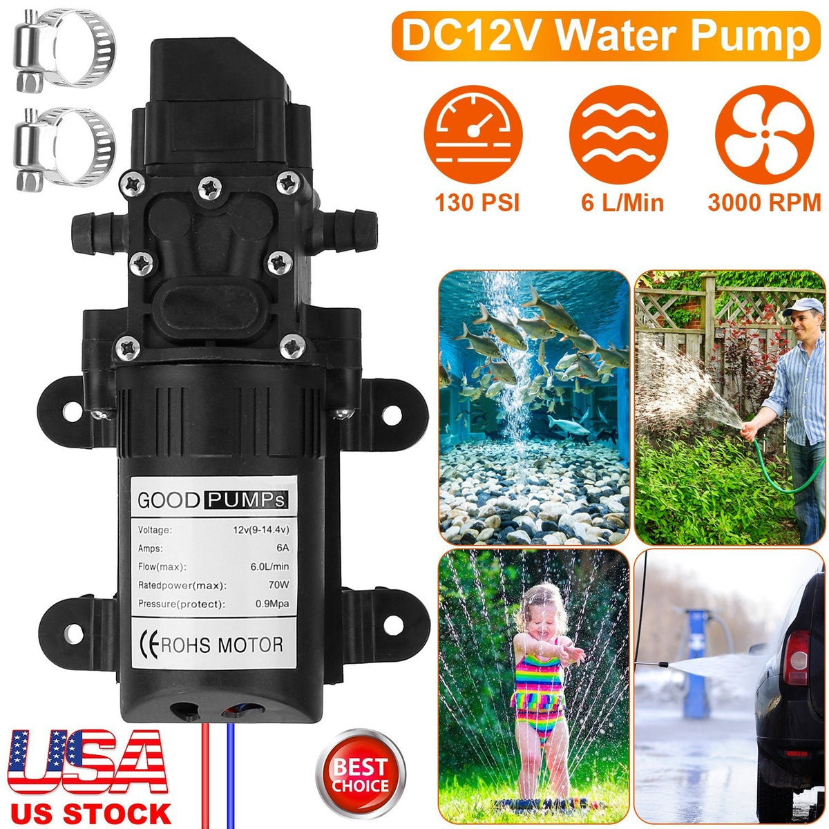 12V Water Pump with 2 Hose Clamps 130PSI Self Priming Sprayer Pump 70W Electric Diaphragm Water Pump 6L/Min for RV Camper Marine Boat