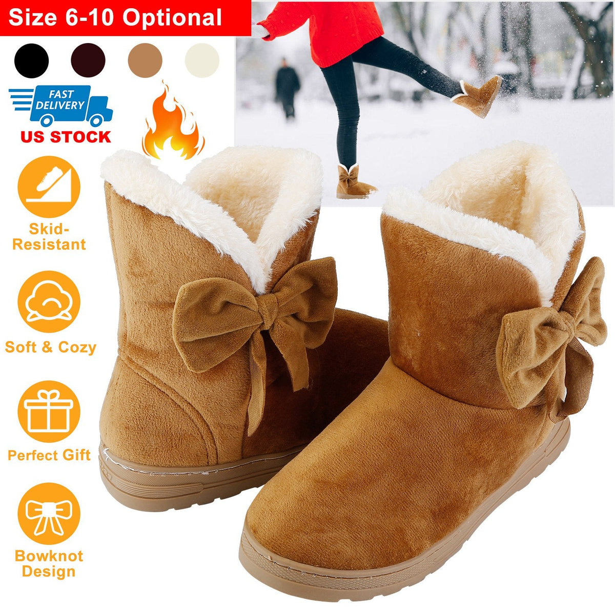 Women Ladies Snow Boots Super Soft Fabric Mid-Calf Winter Shoes Thickened Plush Warm Lining Shoes w/ Anti-slip Rubber Base Bowknot