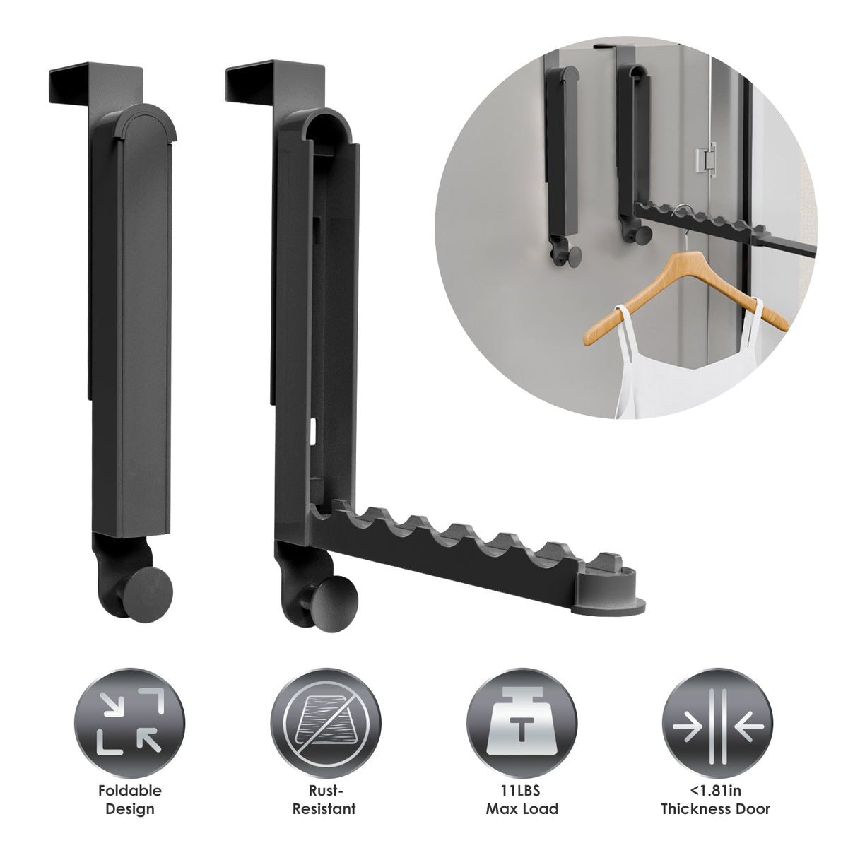 2Pcs Over The Door Hanger Hooks For Clothes Foldable Clothes Drying Rack For Laundry Coats Towels Portable Clothing Hanger Hook For 1.81In Thickness D