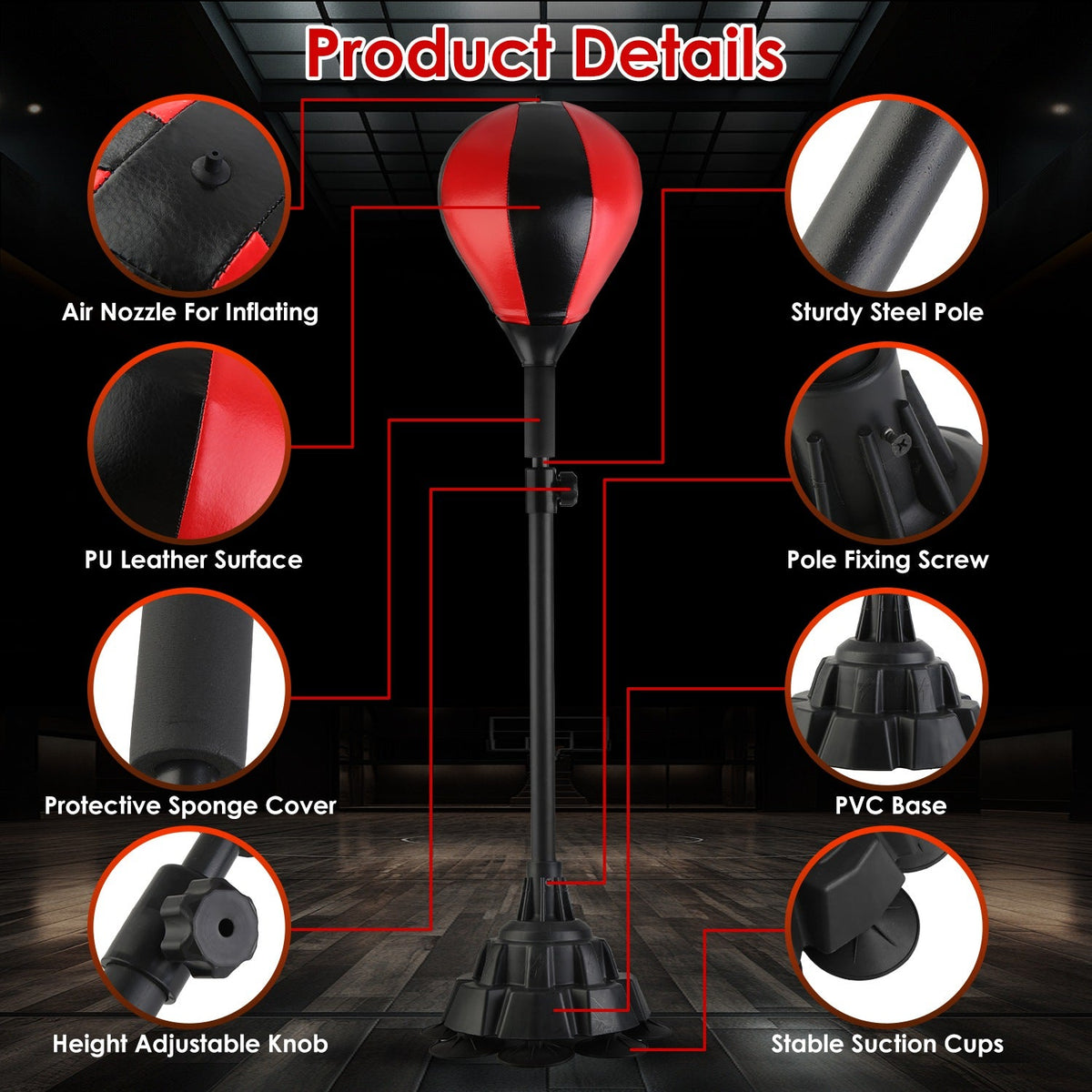 Punching Bag with Stand Free Standing Boxing Ball for Adults 43.3-63in Height Adjustable Boxing Bag with Gloves Wrist Sleeves Stable Suction Base for