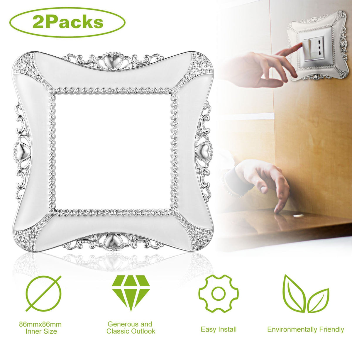 2 Packs Decorative Switch Cover European Romantic Wall Plate Protector w/Adhesive Sticker UK Style for Living Room Bathroom Kitchen