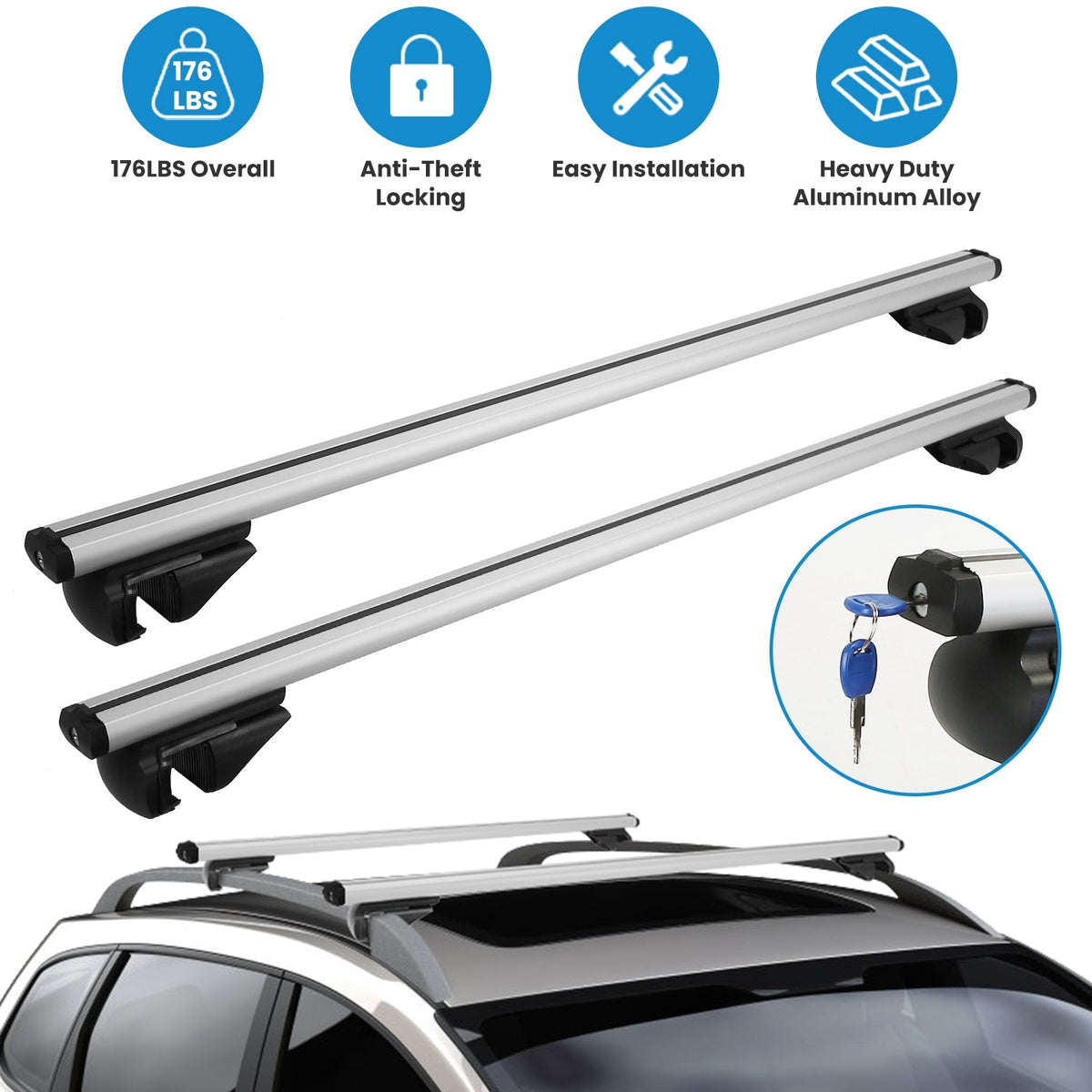 Car Roof Rack Cross Bars Aluminum Cargo Carrier Rooftop Crossbars Luggage Roof Rack Bar with 176lbs Max Load Fits Most Vehicles with Existing Raised S