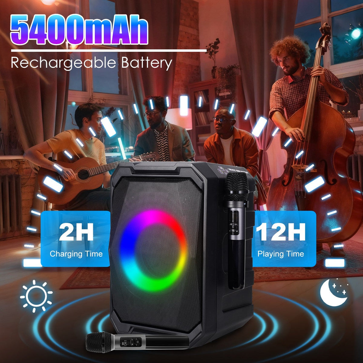 Portable Wireless Party Speaker | LED Lights, 2 Wireless Mics, Remote, TWS & Guitar Input