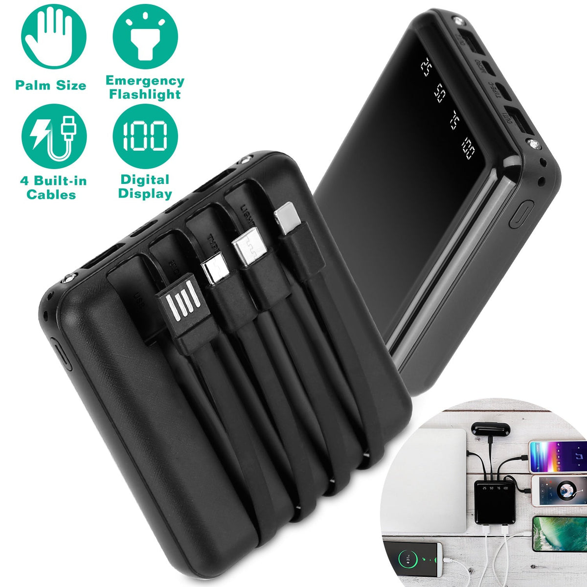 10000mAh Portable Charger Power Bank External Battery Pack w/ 4 Built-in Cables w/ LED Flashlight
