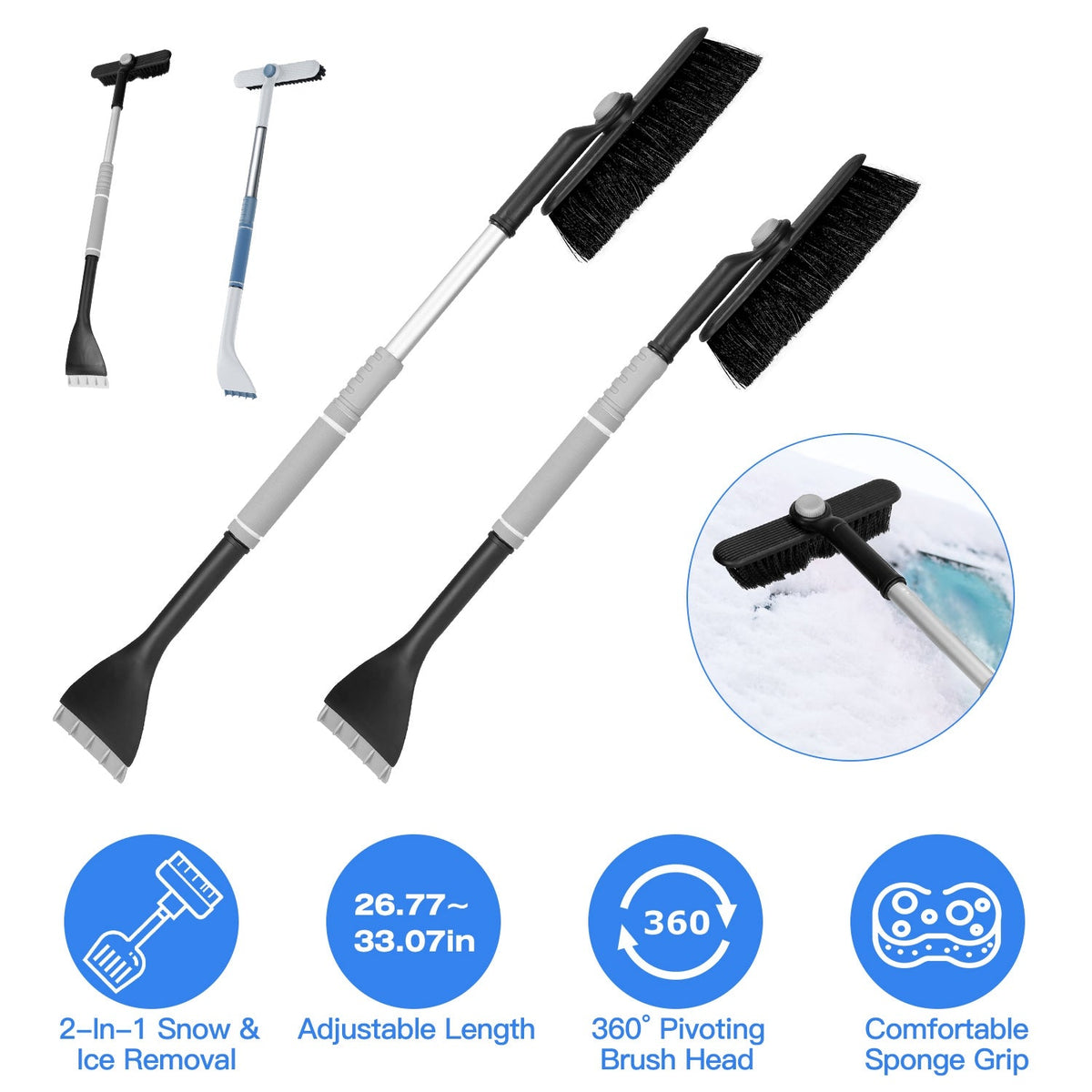 2 In 1 Ice Scraper Extendable Car Snow Brush Telescopic Snow Removal Tool Automobile Snow Shovel Frost Removal with 360¡ Pivoting Brush Head Sponge Gr