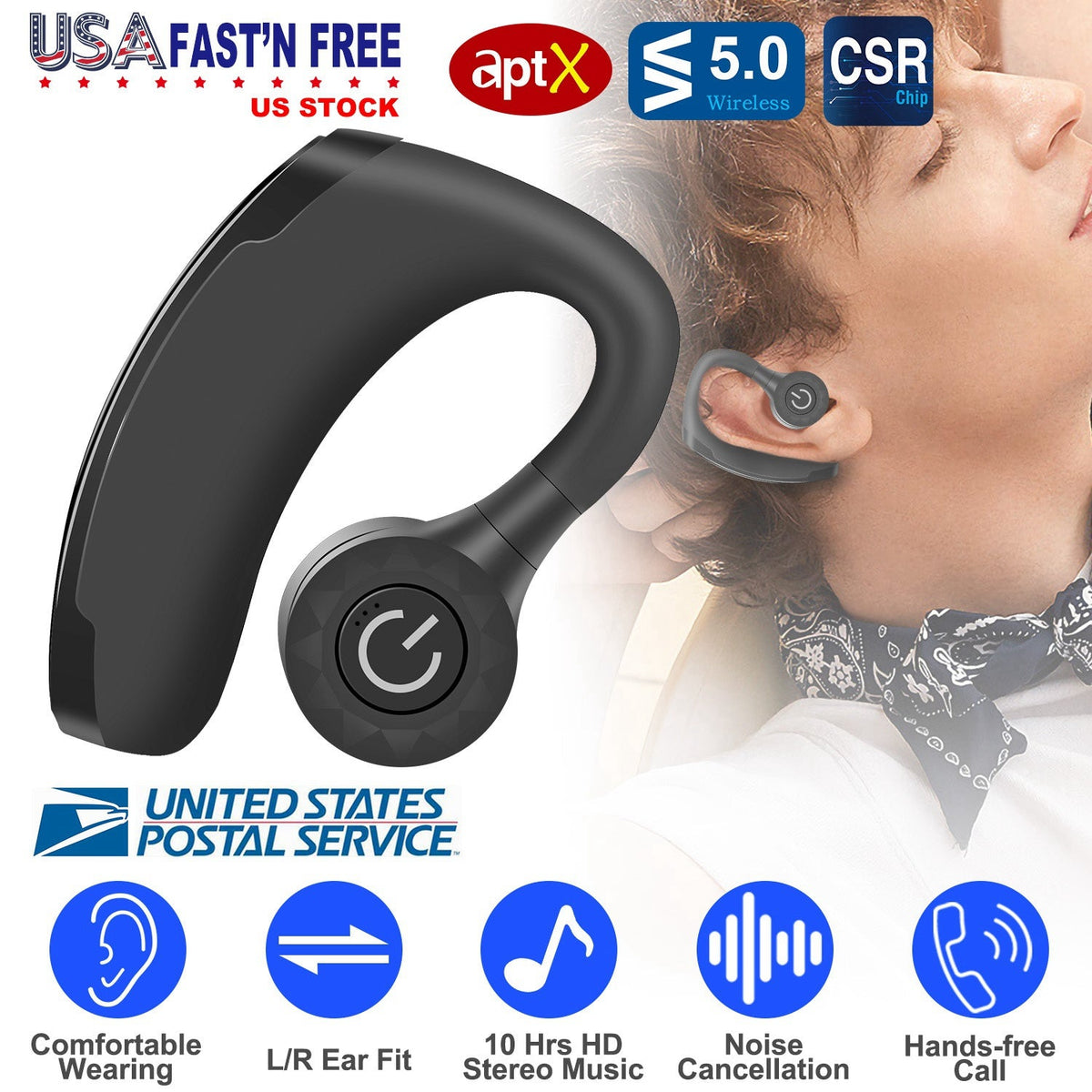 Title: Wireless V5.0 Earbuds In-Ear Earphones 10Hrs Playtime Ear Hook Earphone Waterproof HiFi Earpieces w/ Mic
