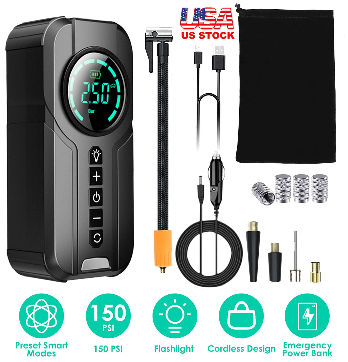 Car Tire Inflator Pump Portable Car Air Compressor Wireless Electric Air Pump 150 PSI with LED Light