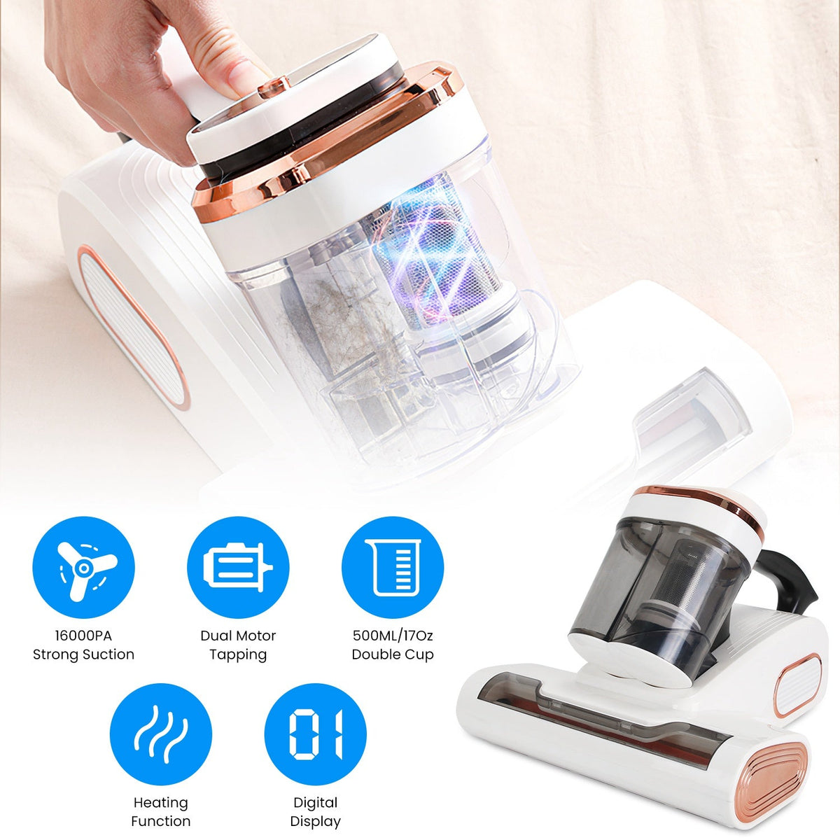 16000PA Double-Cup Bed Vacuum Cleaner 500W Mattress Handheld Vacuum Dust Mites Remover with Heating Function for Bed Sofa Rug