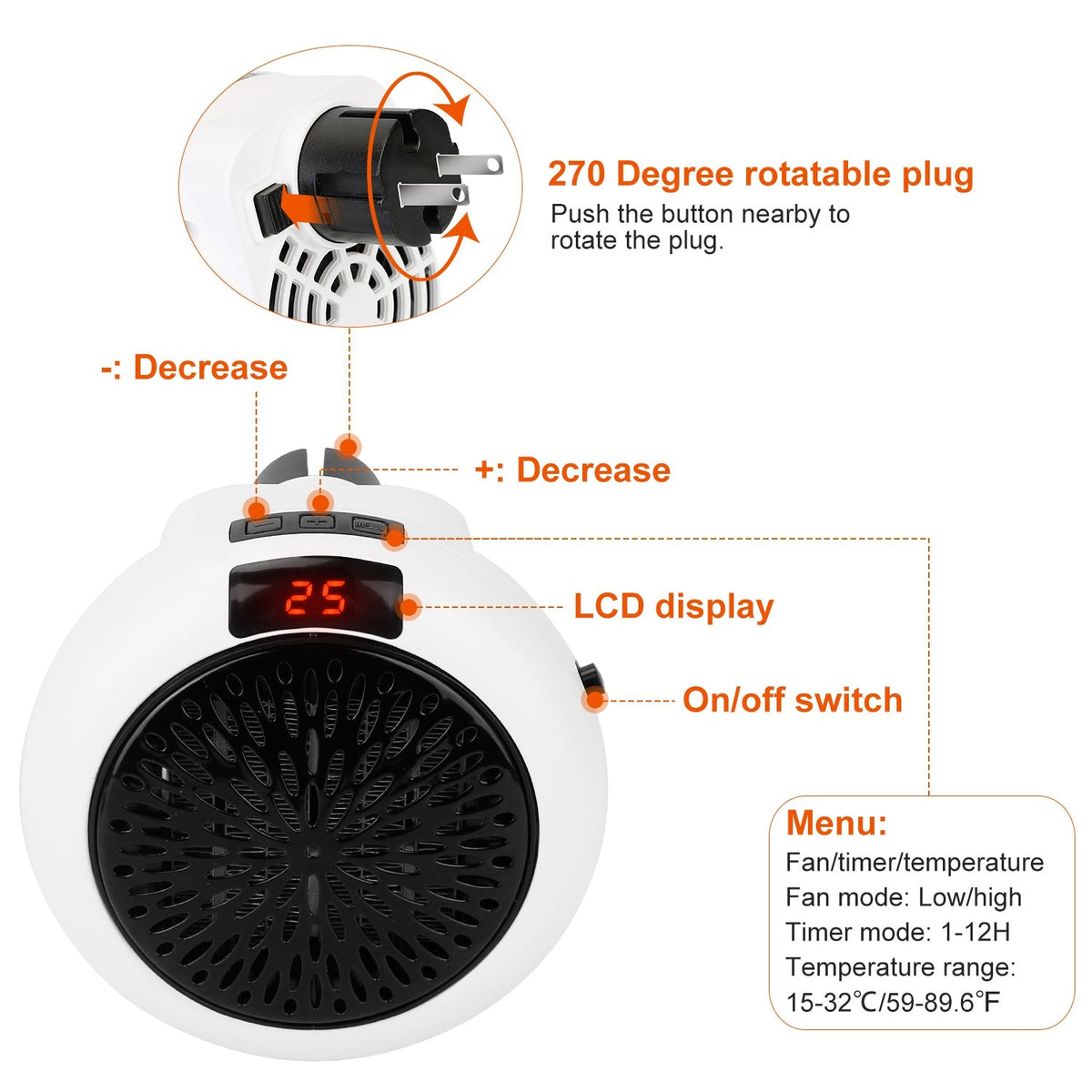 900W Portable Heater Fan Wall Outlet Space Heater Plug-in Heater Adjustable Temperature Auto Shut off w/Remote Control