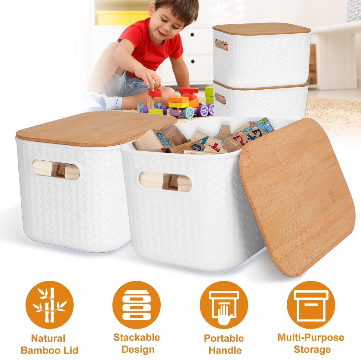 2Pcs Storage Bins with Bamboo Lids Stackable Plastic Storage Container with Handle Storage Box Accessories Holder for Bedroom Kitchen Shelf Closet