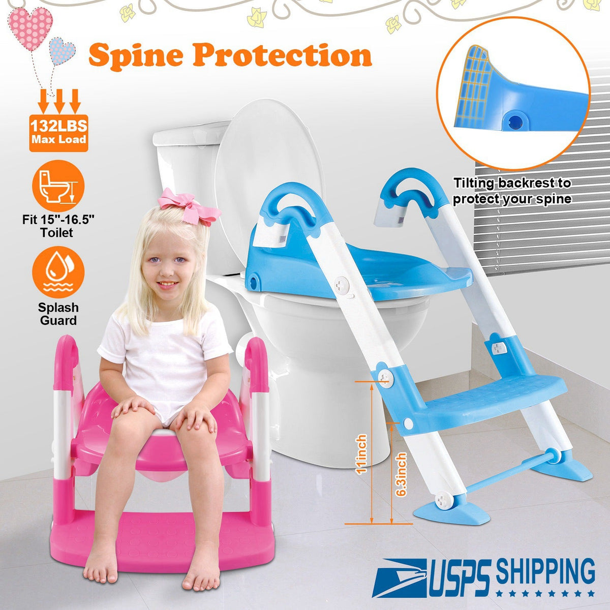 Kids Toilet Seat Toddler Potty Training Chair w/ Steps Stool Baby Toilet Ladder Anti-slip Safety