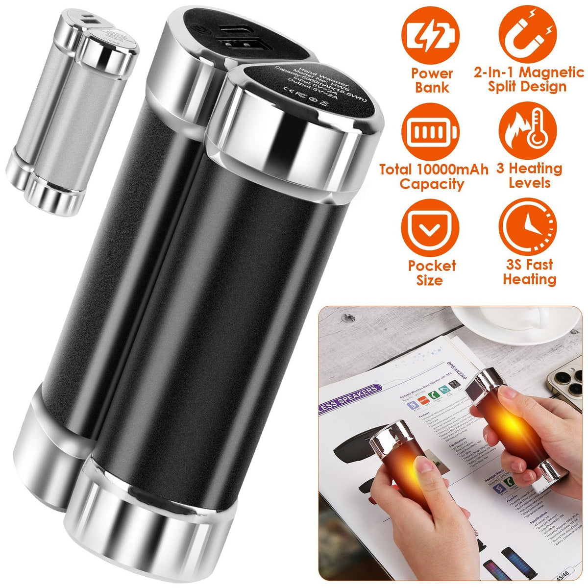 2 Packs 10000mAh Split-Magnetic Handwarmers 2 in 1 Portable Electric Pocket Heater Power Bank Portable Charger with 3 Heating Levels  for Camping Hunt