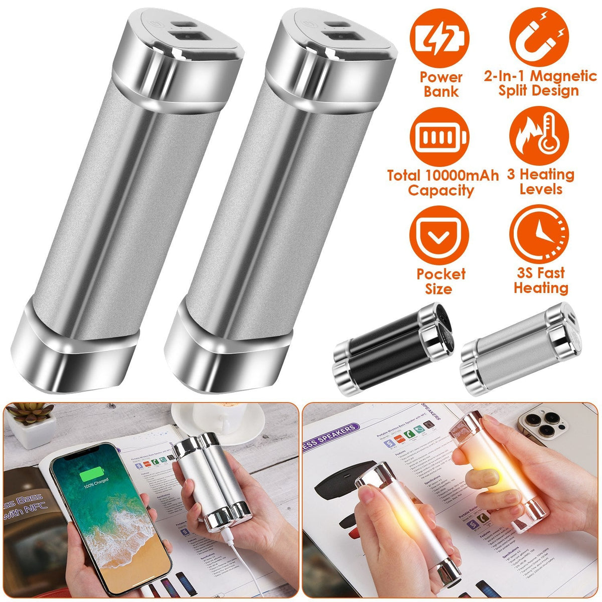 2 Packs 10000mAh Split-Magnetic Handwarmers 2 in 1 Portable Electric Pocket Heater Power Bank Portable Charger with 3 Heating Levels  for Camping Hunt