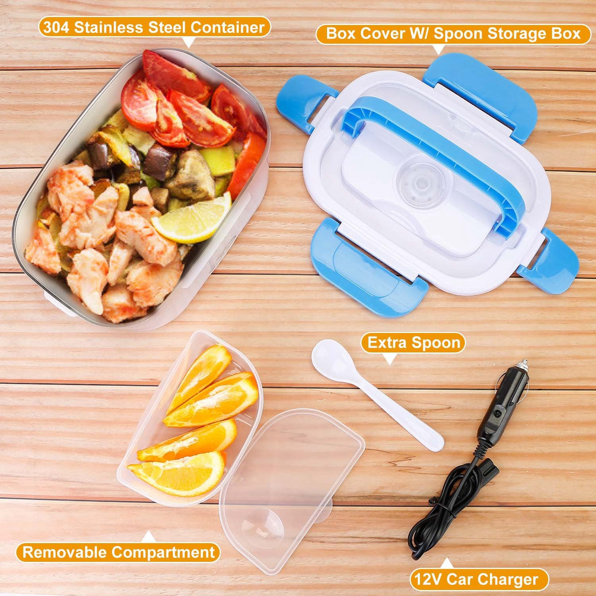 Electric Heating Lunch Box Food Heater Container Travel Thermal Bento Box Portable Food Warmer w/ 2 Removable Compartments 1 Free SpoonÊ1L