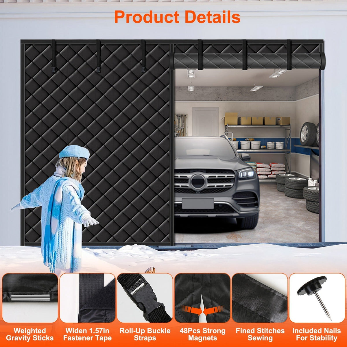 16*7FT Magnetic Thermal Insulated Garage Door Curtain for Winter Two-Car Garage Screen with Magnetic Closure 8 Roll Up Buckle Straps for Two Cars Weat