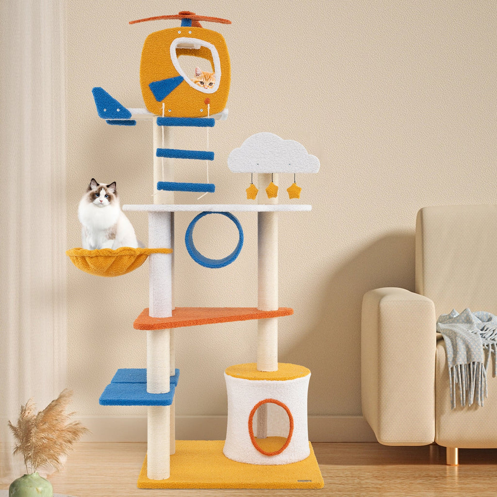 70 Inch Tall Aviation-themed Cat Tree with Helicopter Top Perch and Platforms-Yellow