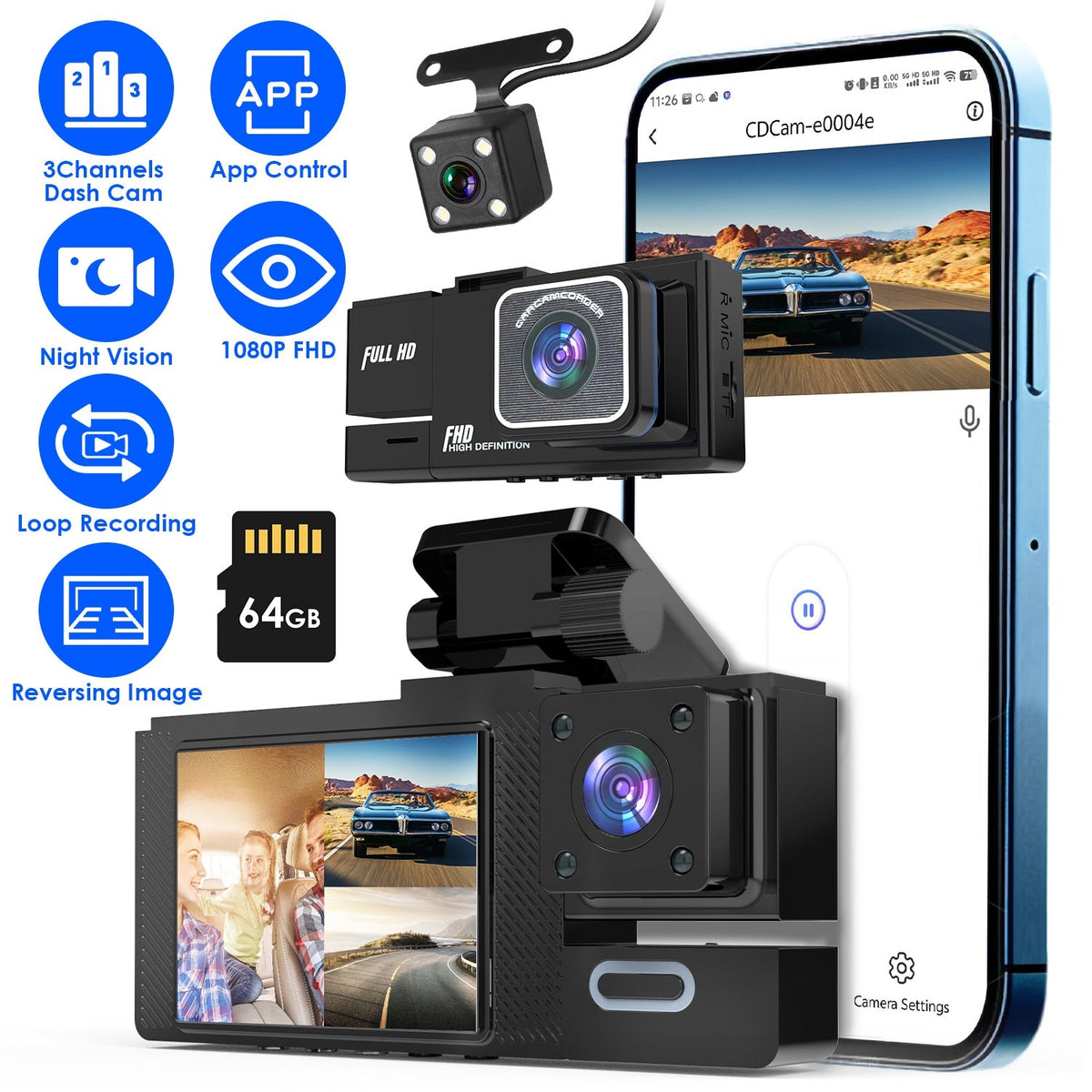 WiFi FHD 1080P Car Dash Cam 3 Channels Front Rear Inside Dash Camera with Loop Recording Reversing Image Night Vision 170¡ Wide Angle Support 64G MMC