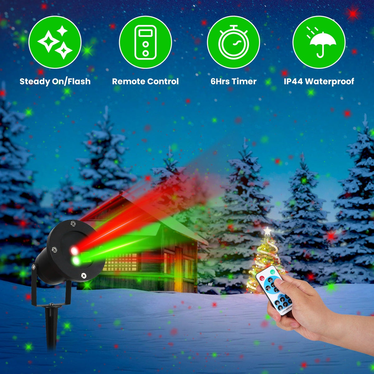 Outdoor Laser Projector Light Red and Green Projection Light with 3 Modes 12 Speeds 6Hrs Timer IP44 Waterproof Firefly Landscape Light for Christmas H