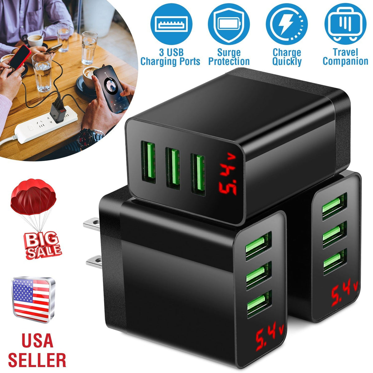 3 Packs 3-Port USB Wall Charger USB Hub Charger Wall Power Charging Plug Adapter Fit For Samsung Galaxy S9/S8 Note 8/9 iPhone Pad Tablet and More USB