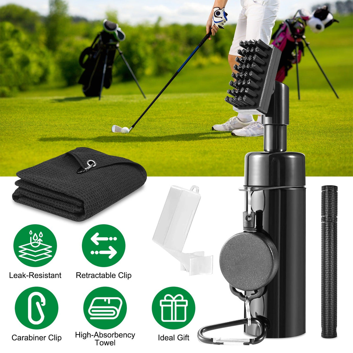 3 In 1 Golf Club Cleaning Kit Golf Club Cleaner Brush with 5Oz Water Bottle Retractable Clip Groove Sharpener Golf Towel Gift for Golfers