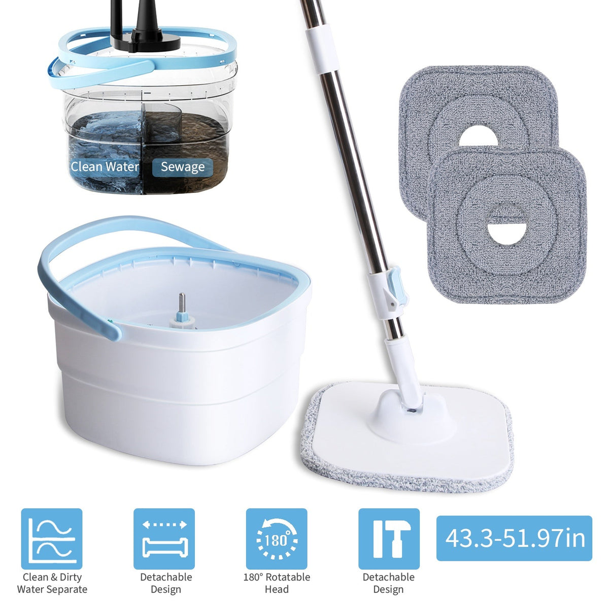 Spin Mop and Bucket with Wringer Set Flat Floor Mop with Clean and Dirty Water Separate System 2 Replaceable Reusable Washable Microfiber Mop Pads