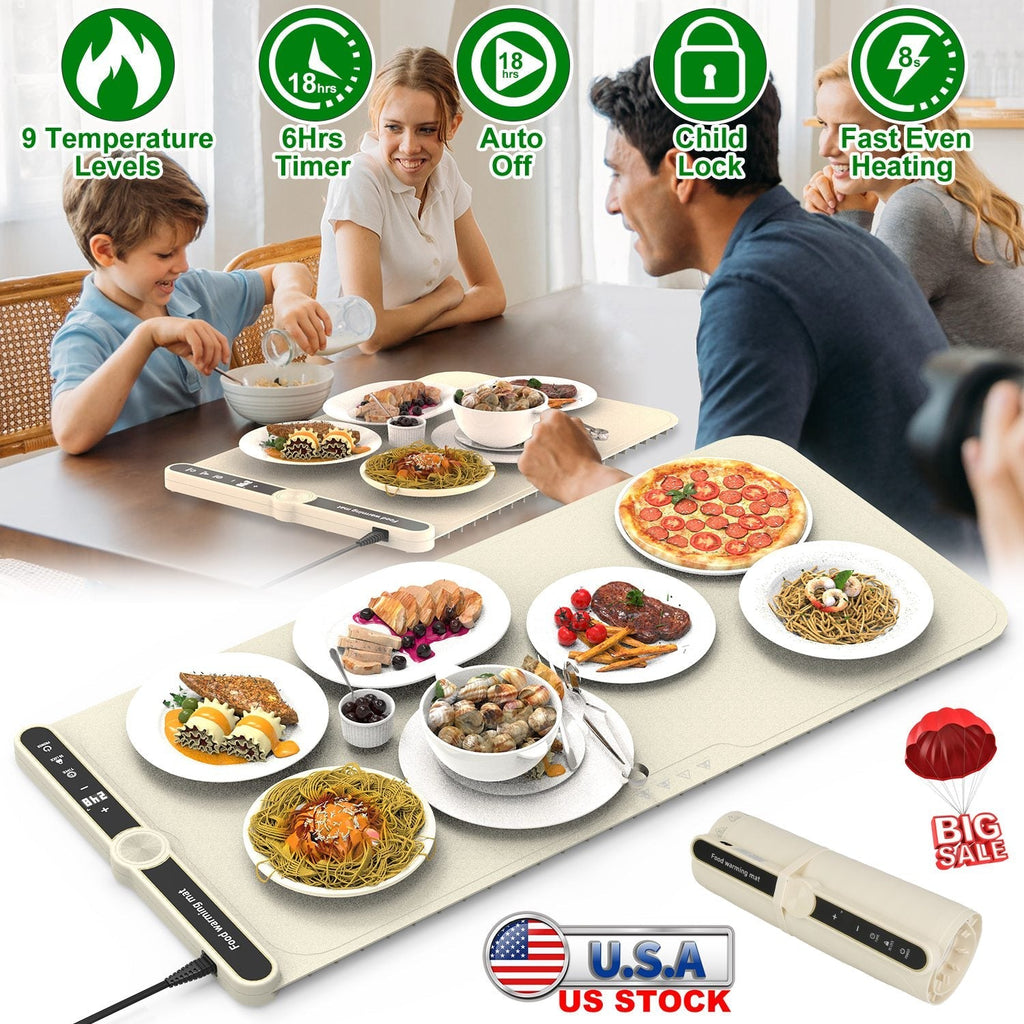 Silicone Food Warming Mat With 9 Temperature Levels 6Hrs Timer Child Lock Auto Shut Off Roll-Up Electric Warming Tray For Party Buffet Gathering Daily