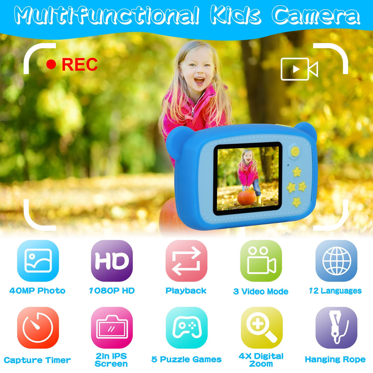 Kids Digital Camera Child Video Camera Children Camcorder Christmas Toy Birthday Gifts with 2.0in Screen 4X Digital Zoom 5 Games 32G MMC Card for 3-10