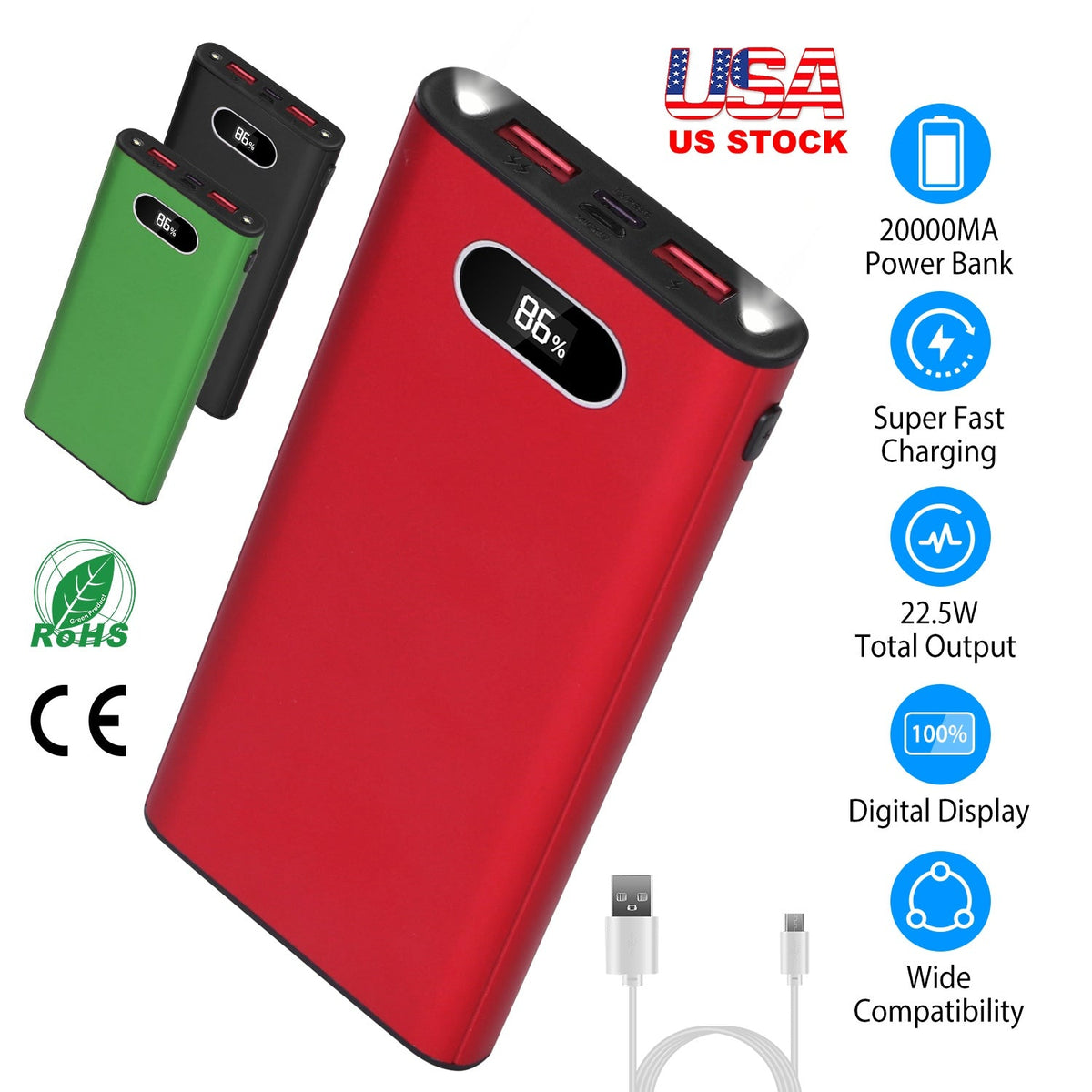 20000Mah Power Bank Portable Charger External Battery Pack 22.5W Super Fast Charging with LED Display Flashlight Fit for iPhone Samsung