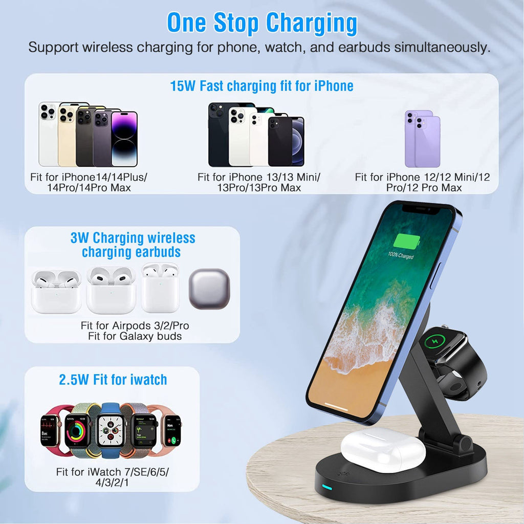 4 In 1 Magnetic Wireless Charging Station Dock Charger 15W Foldable Fast Charging Stand Fit for iPhone 13 12 Pro Pro Max Mini iWatch 7 6 5 4 3 2 1 Air