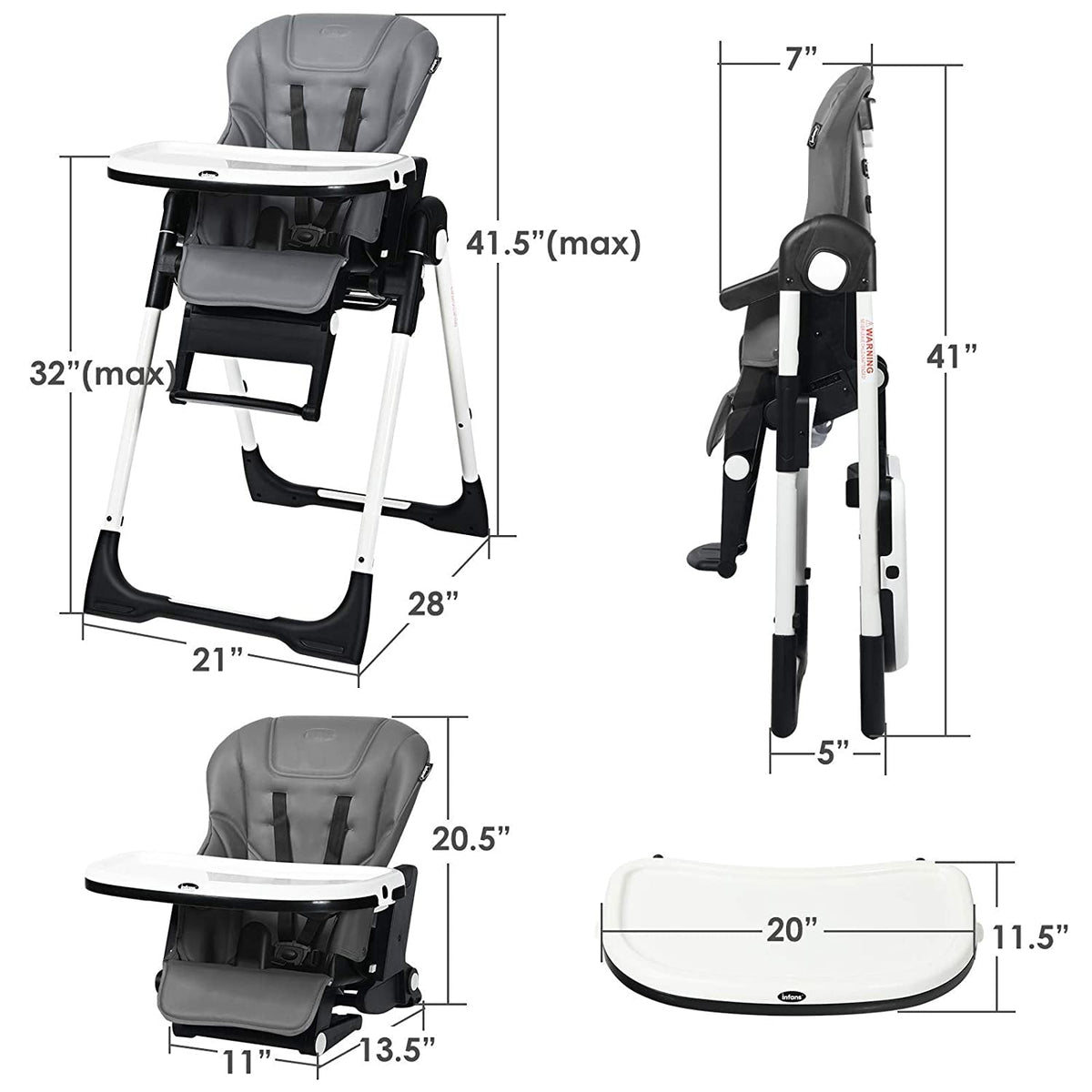 4-in-1 High Chair–Booster Seat with Adjustable Height and Recline-Gray