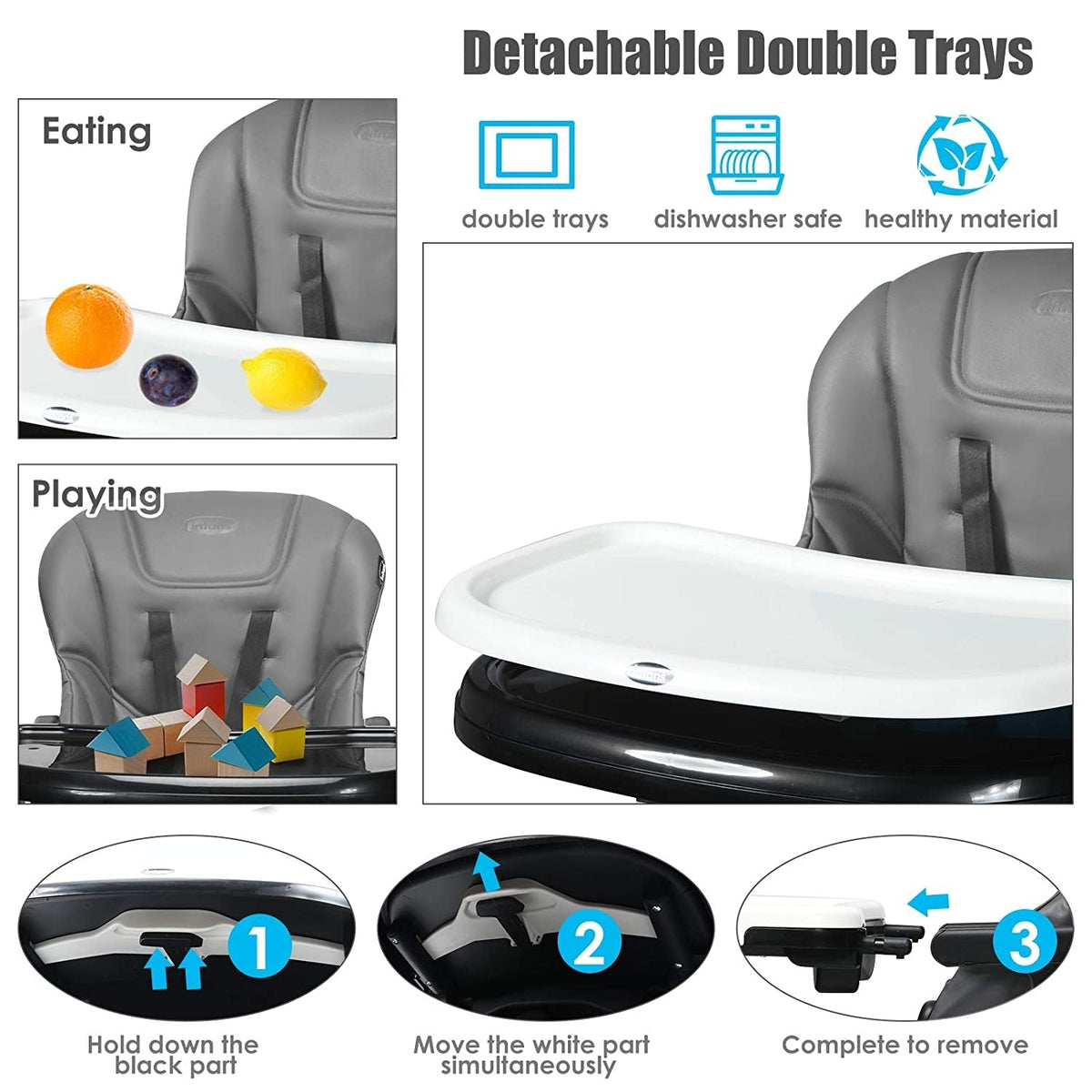 4-in-1 High Chair–Booster Seat with Adjustable Height and Recline-Gray