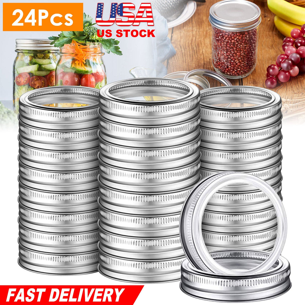 24 Pcs Regular Mouth Canning Jar Metal Rings Split-Type Jar Bands Replacement Fits For Ball Kerr Mason Jars