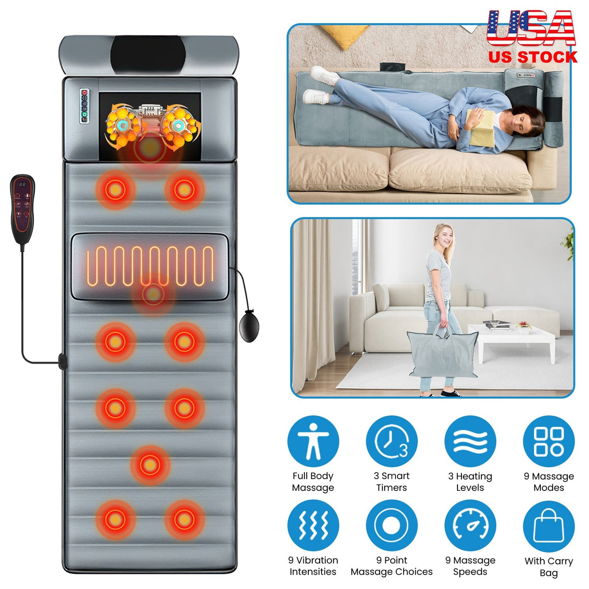 Full Body Electric Massage Mat with Heat Vibration Massage Pad Cushion Back Massage Mattress Chair Pad with Neck Massager Lumbar Pillow with 10 Vibrat