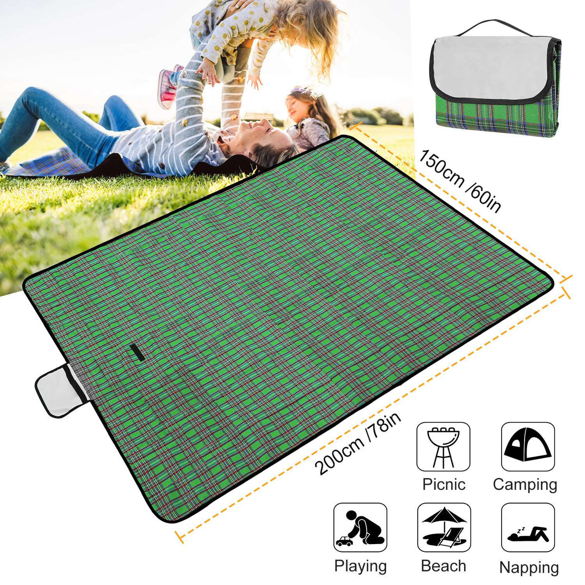 Waterproof Picnic Blanket 60"x78", Foldable Camping Rug with Carry Strap for Hiking & Outdoor Travel