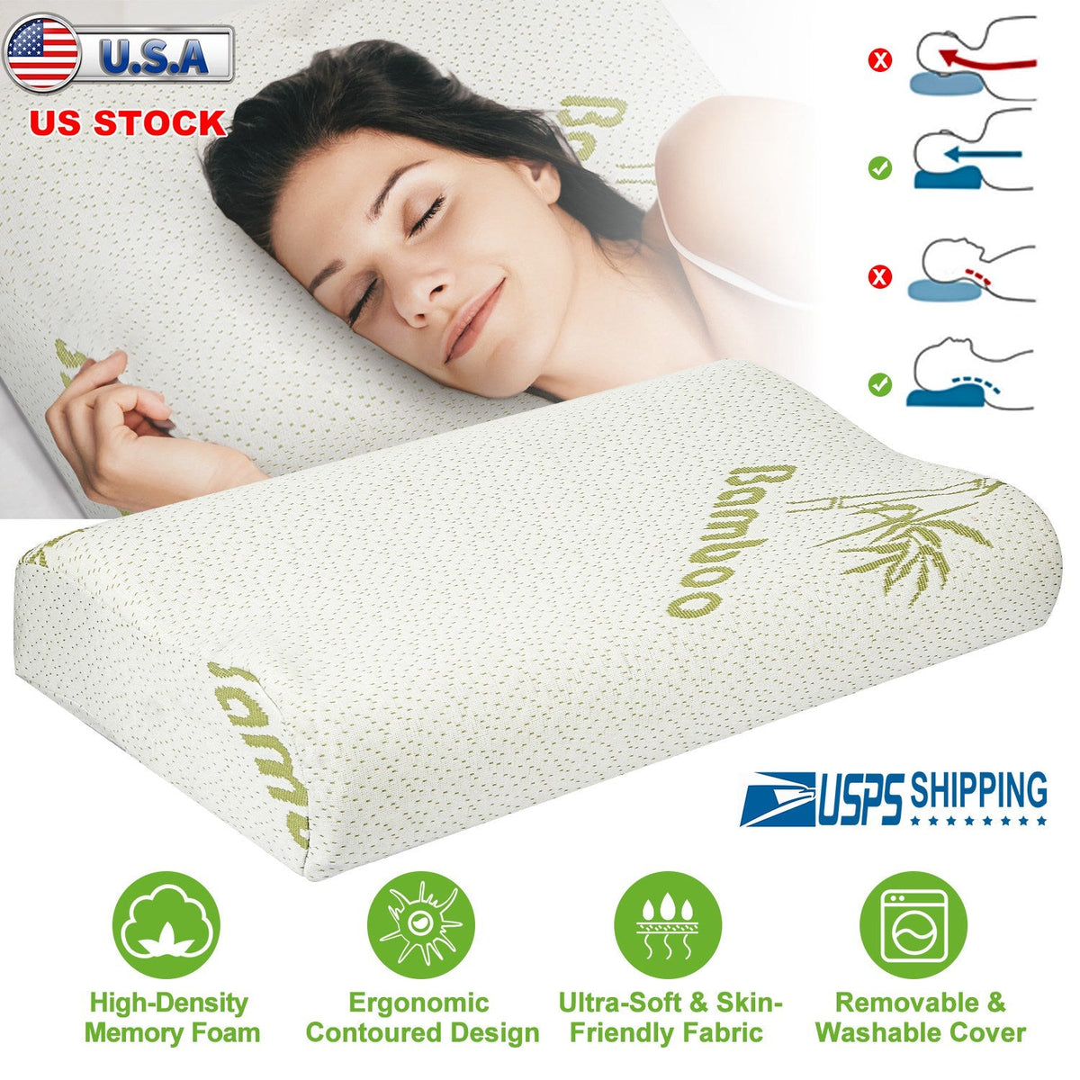 Bamboo Memory Foam Sleep Pillow Contoured Cervical Orthopedic Pillow Neck Support Breath Pillow