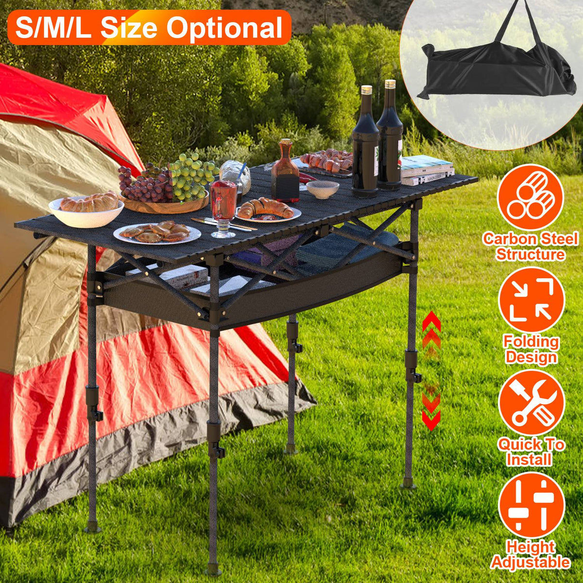 Portable Folding Camping Table With Adjustable Height Hanging Net Rustproof Carbon Steel Foldable Roll-Up Camping Table for Picnic Camping Hiking Beac